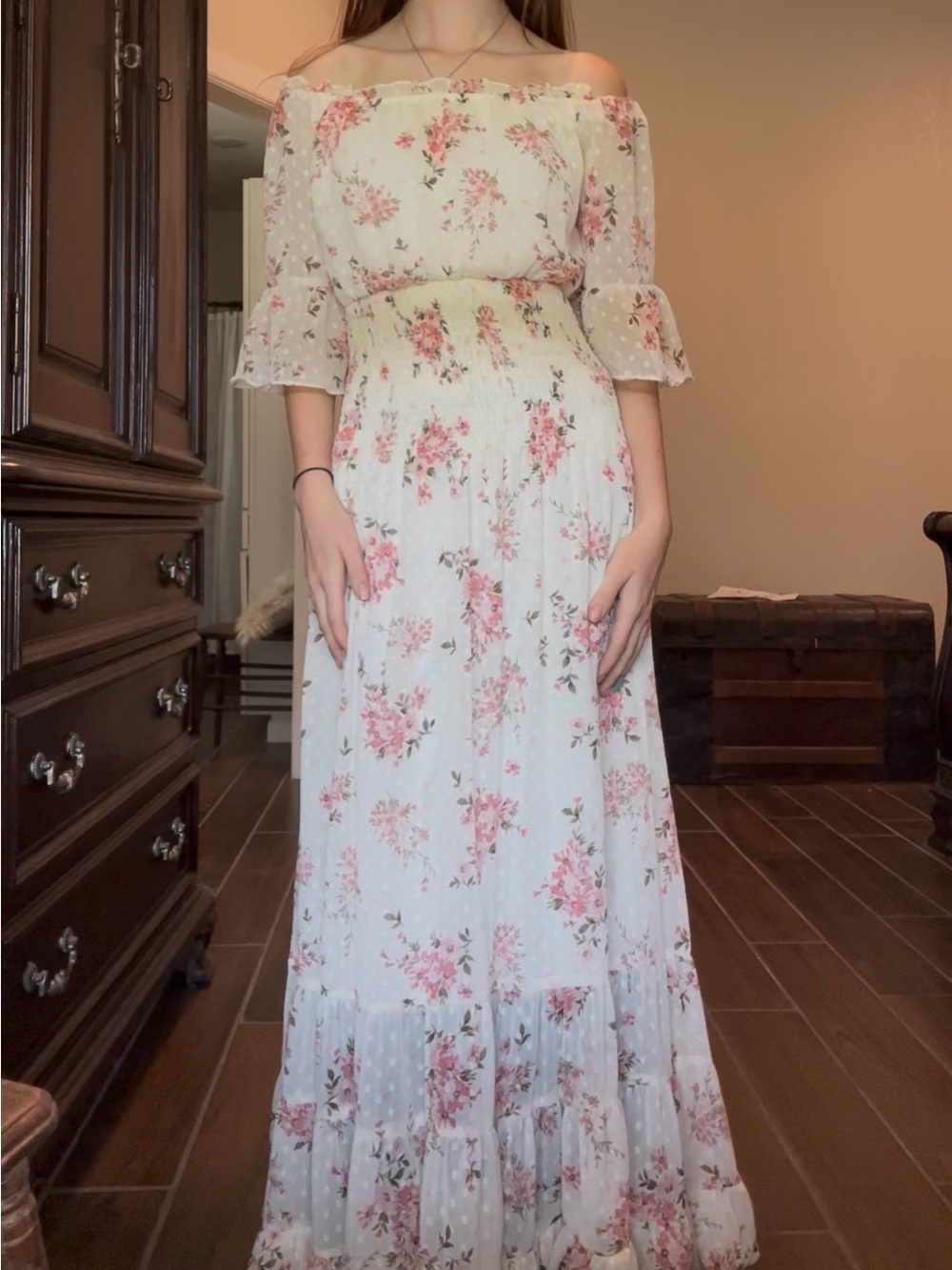 Premier Off-Shoulder Floral Maxi Dress in Light Blue and Pink